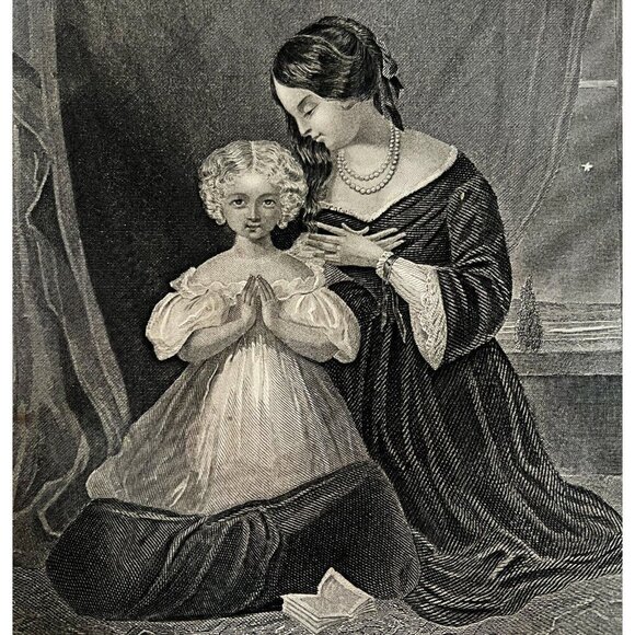 Evening Prayer Steel Engraving 1859 Victorian Art Cute Child And Mother DWY5C - Picture 1 of 2